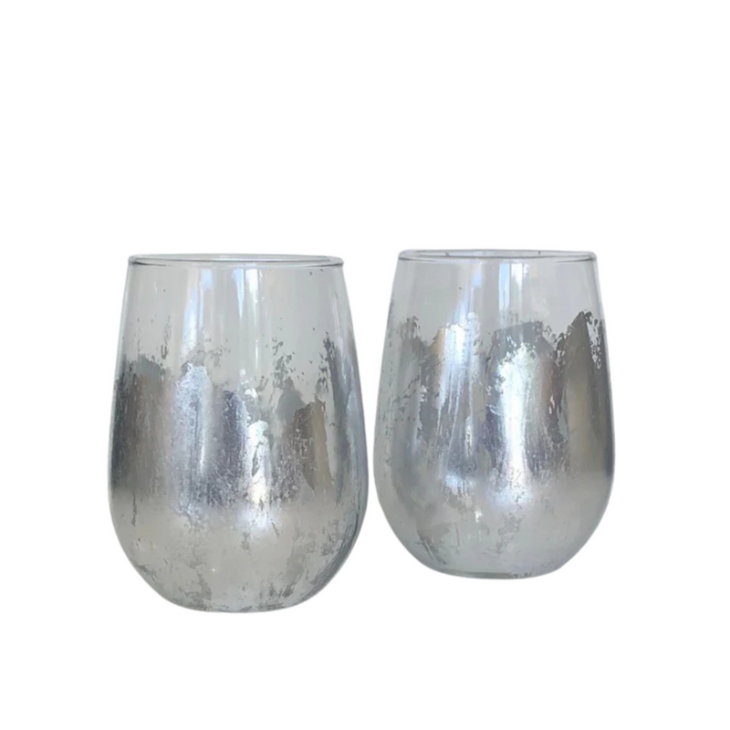 Silver Leaf Stemless Wine Glasses - Set of Two