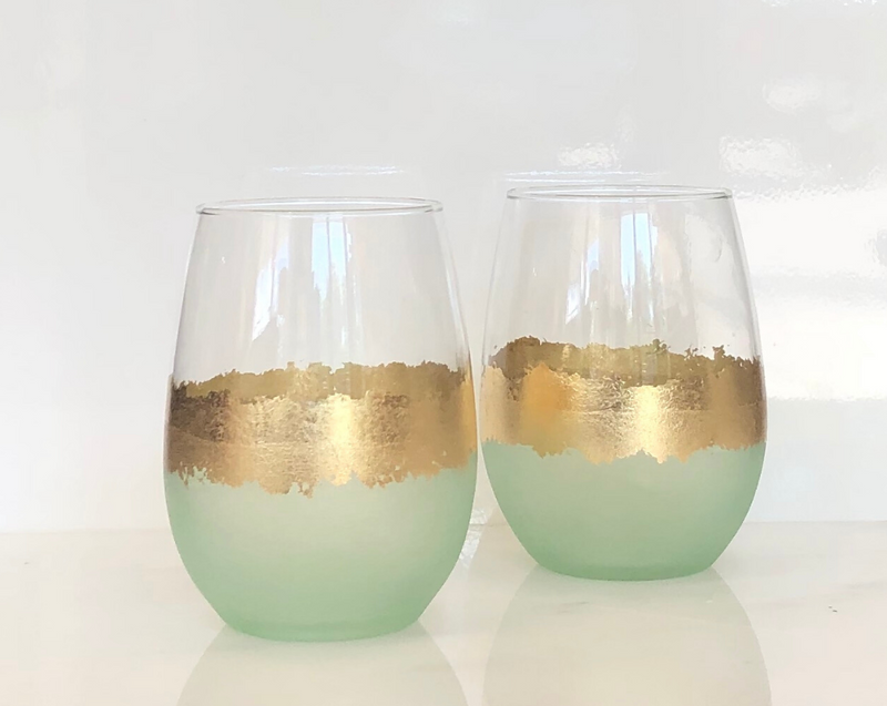 Green Hand- Painted Stemless Wine Glasses - Set of Two