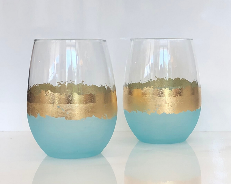 Blue Hand-Painted Stemless Wineglasses - Set of Two